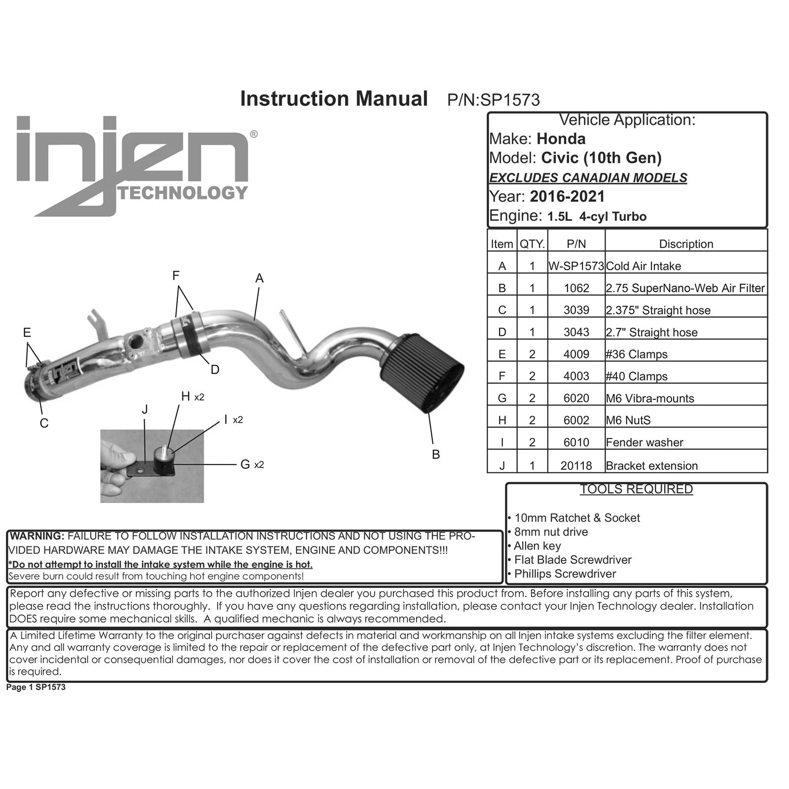 Injen Cold Air Intake | Honda Accord / Pilot / Element / Civic VIII/IX/X / Acura RLX (03-22) (SP1573P)