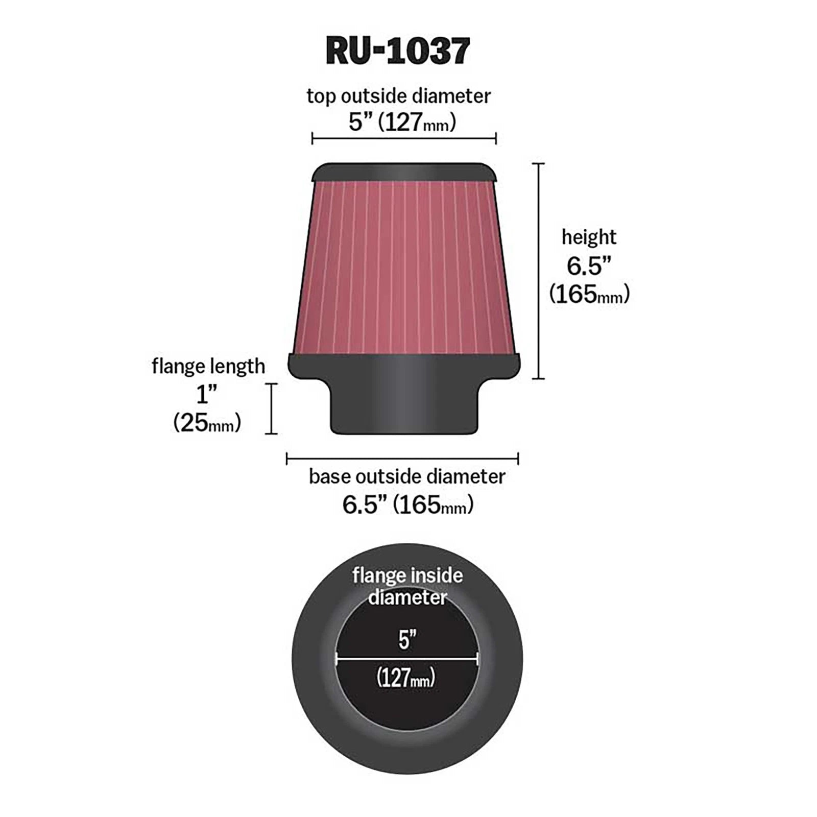 K&N RU-1037 Universal Round Tapered Performance Washable Air Filter for Intake