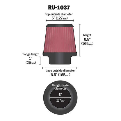 K&N RU-1037 Universal Round Tapered Performance Washable Air Filter for Intake