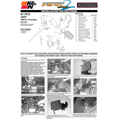 K&N Engineering Performance Intake Kit: Jeep Cherokee L6-4.0L 1997 - 2001
