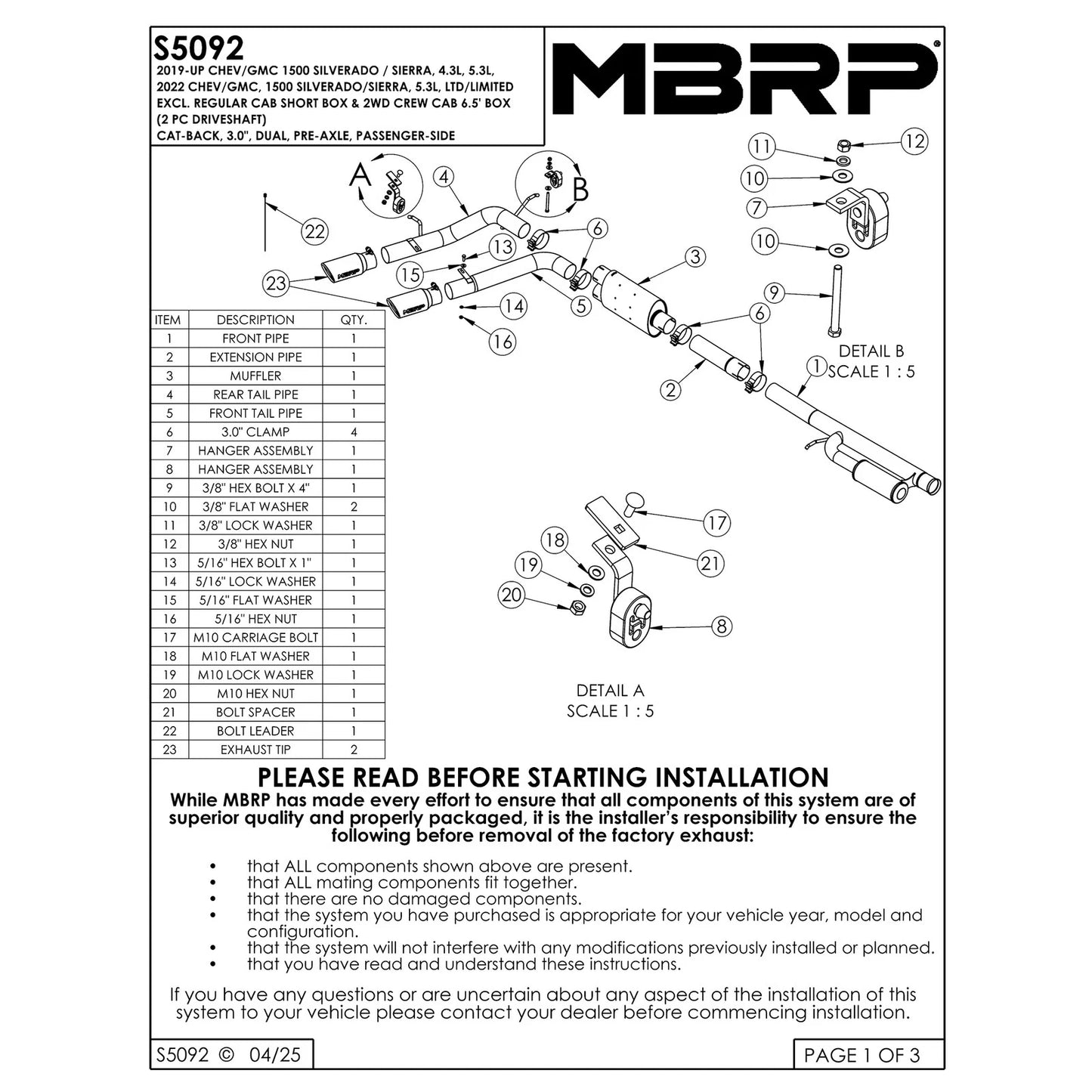 MBRP 4.5L/5.3L Pre-Axle D&S Cat-Back Exhaust w/ 4in OD Tip | Chevy 1500 (S5092AL)