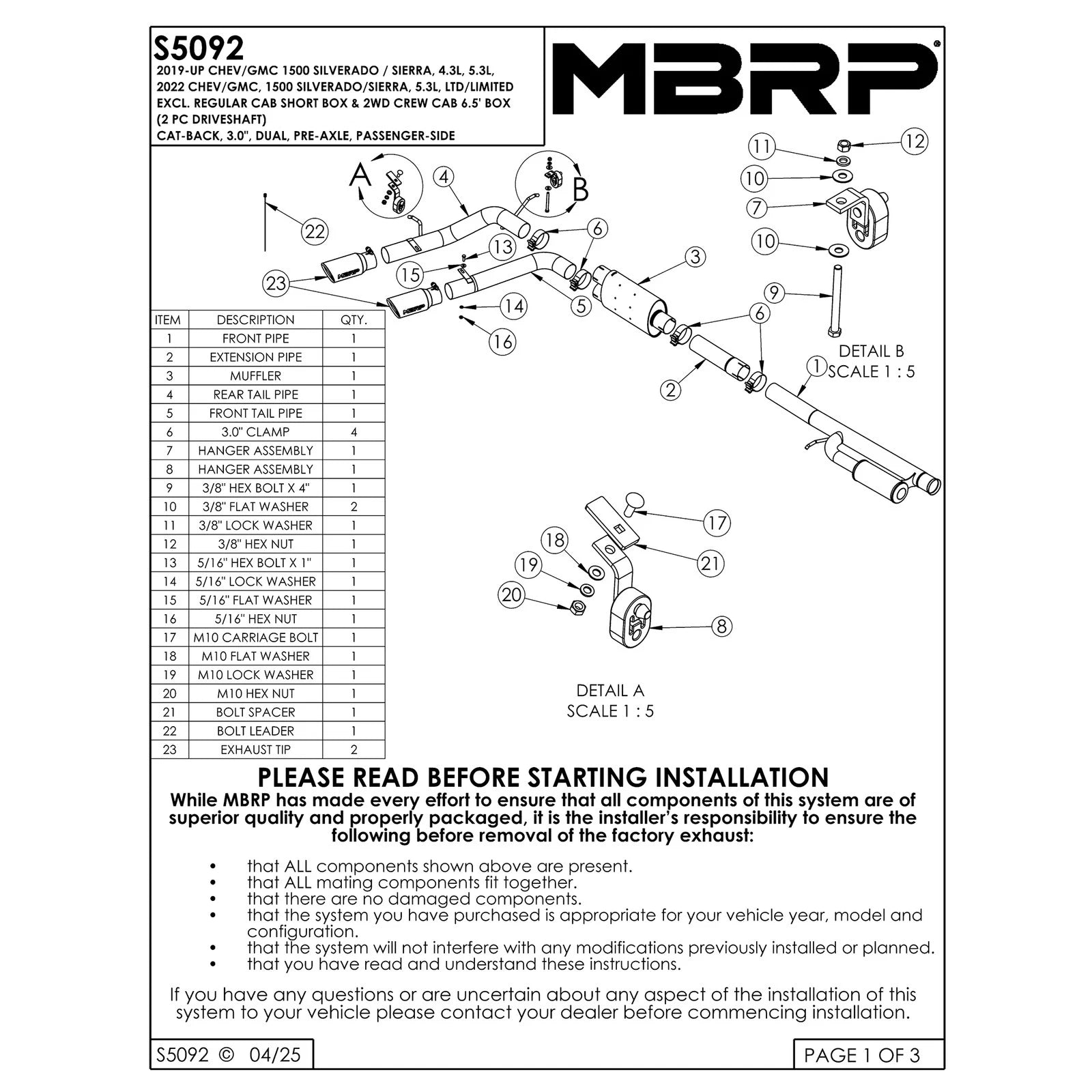 MBRP 4.5L/5.3L Pre-Axle D&S Cat-Back Exhaust w/ 4in OD Tip | Chevy 1500 (S5092AL)
