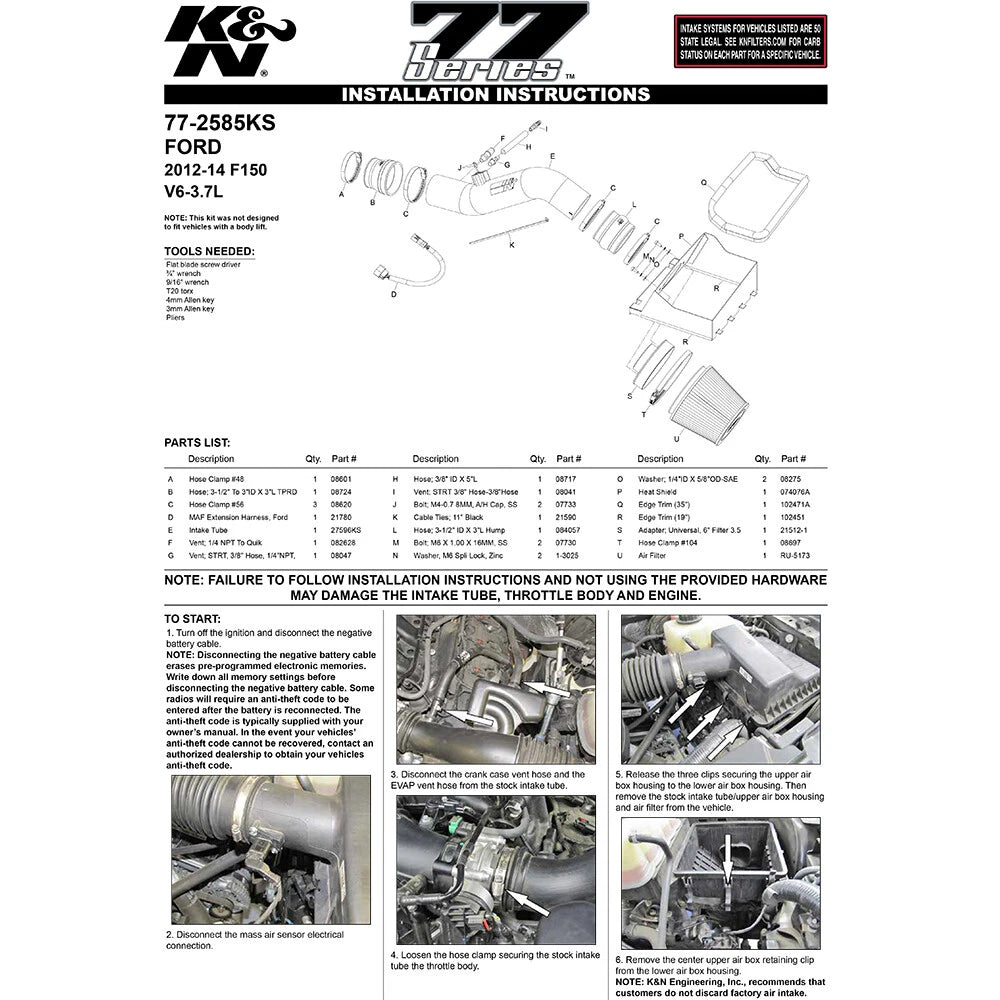 K&N 12-13 Ford F150 3.7L V6 High-Flow Performance Intake | Ford F150 (12-13) (77-2585KS)