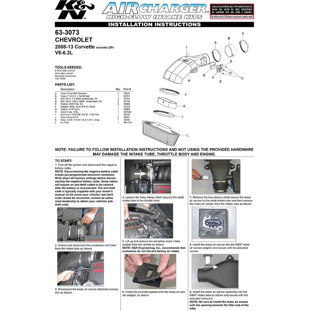 K&N 63-3073 Performance Cold Air Intake for 2008-2013 Chevrolet Corvette 6.2L V8