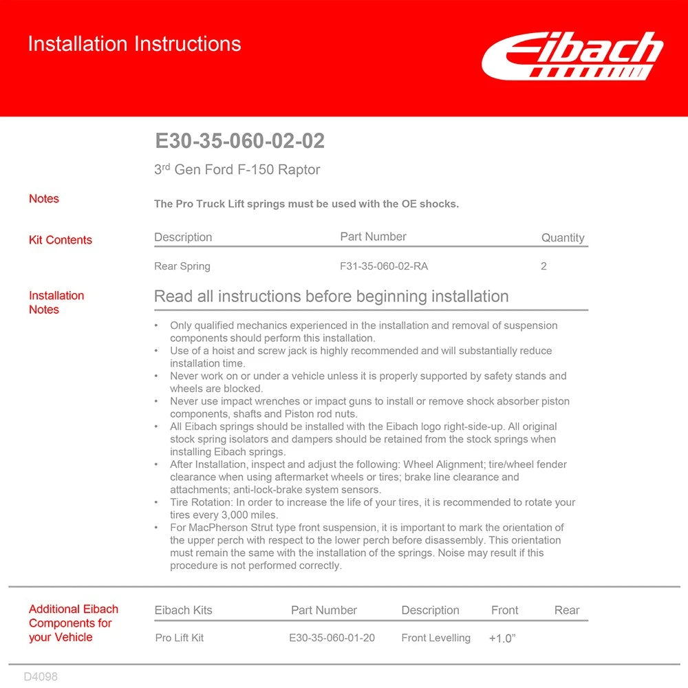 Eibach Pro-Lift-Kit Springs for 2021-2023 Ford F-150 4WD