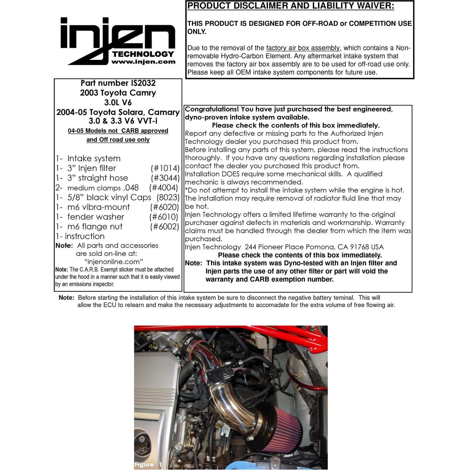 Injen Short Ram Cold Air Intake System | 2003 - 2005 Toyota Camry (IS2032BLK)