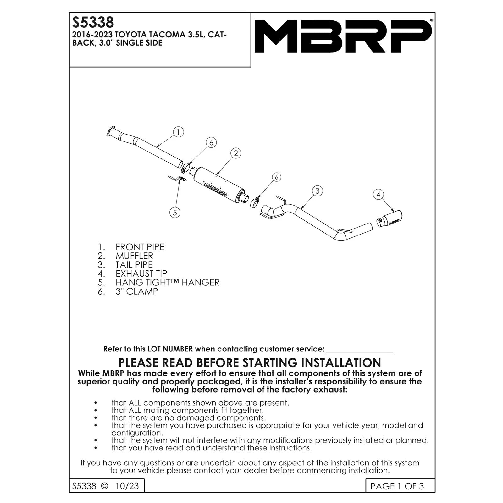 MBRP 3in T409 SS Cat-Back Single Side Exhaust | Toyota Tacoma (16-23) (S5338409)