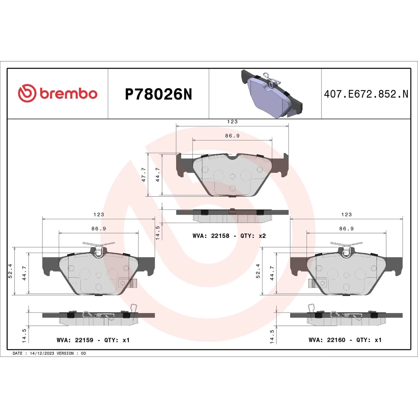 Brembo Premium OE Ceramic Rear Brake Pads | Subaru WRX (16-20) / Legacy/Outback/2019 Crosstrek (15-19) (P78026N)