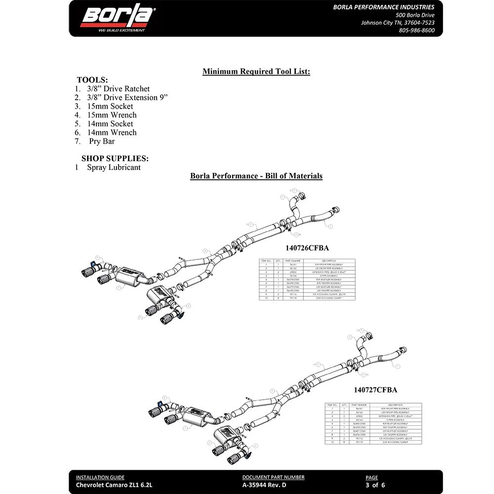 Borla Cat-Back Exhaust System - S-Type | 2017-2020 Chevrolet Camaro ZL1 6.2L (140726)