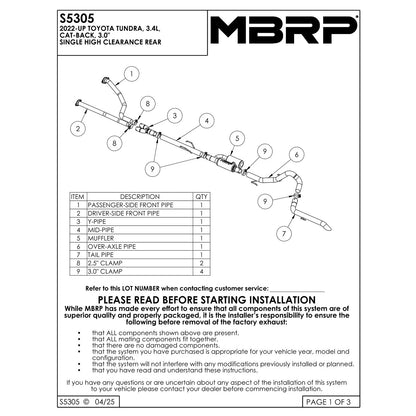 MPRP 22-25 Toyota Tundra 3.4L 3in Cat Back Single Rear Turn Down | Toyota Tundra (22-25) (S5305304)