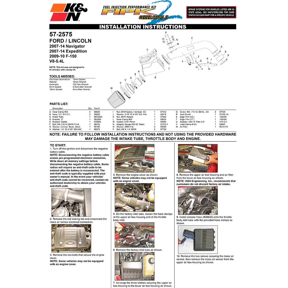 K&N Performance Intake Kit | Ford Expedition / F150 / Lincoln Navigator (07-10) 5.4L V8 (57-2575)
