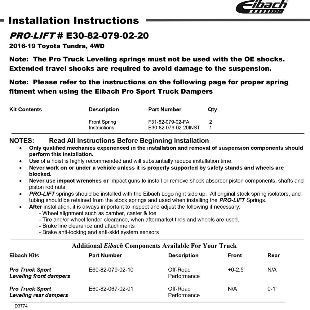 Eibach Pro-Lift-Kit Springs for 2016-2021 Toyota Tundra 4WD