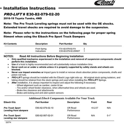 Eibach Pro-Lift-Kit Springs for 2016-2021 Toyota Tundra 4WD