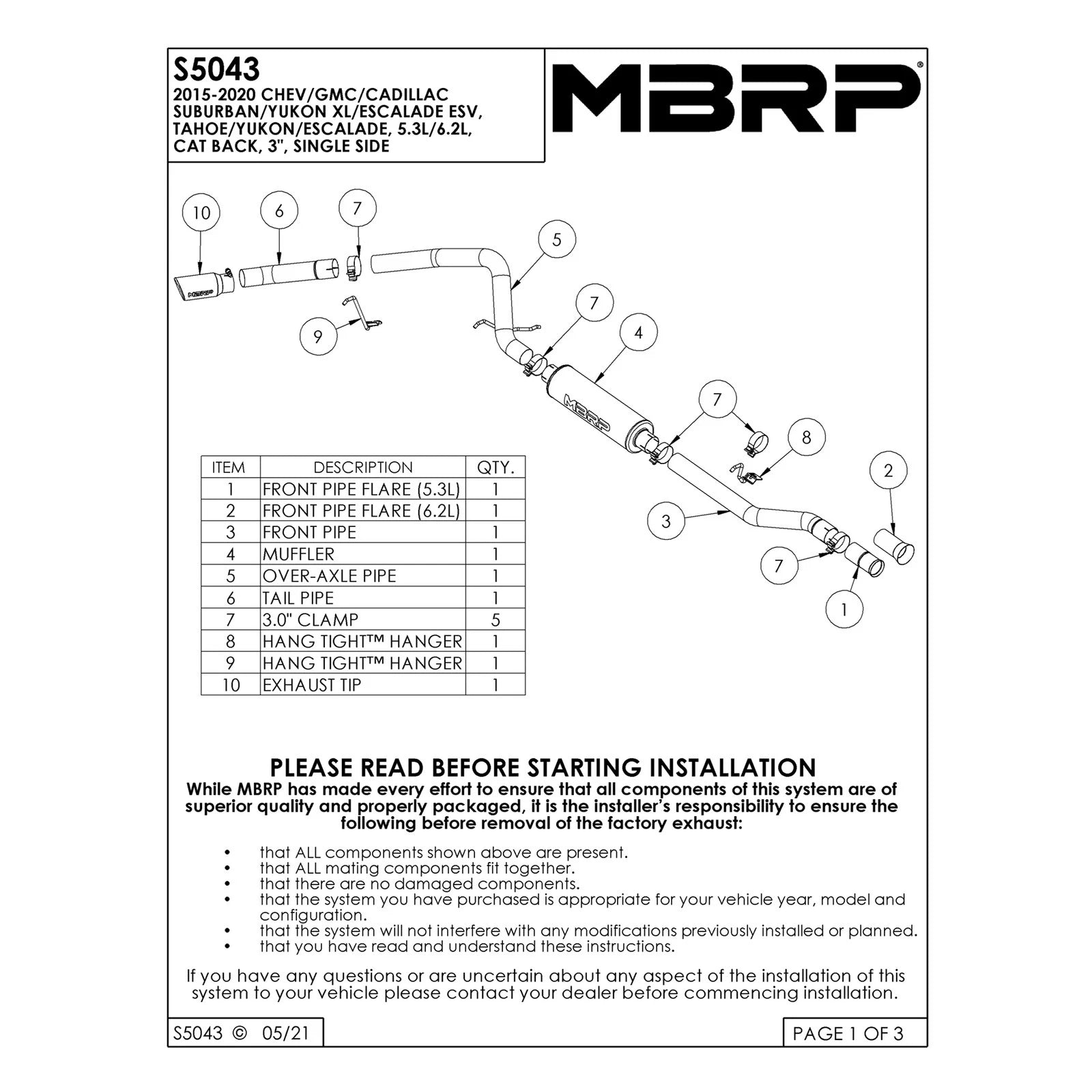 MBRP 3in Aluminized Steel Cat-Back | GM Tahoe/Suburban/Yukon/Escalade (15-20) (S5043AL)