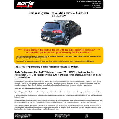 Borla S-Type Catback Exhaust | 2015-2017 Volkswagen Golf GTI Mk7 (140597)