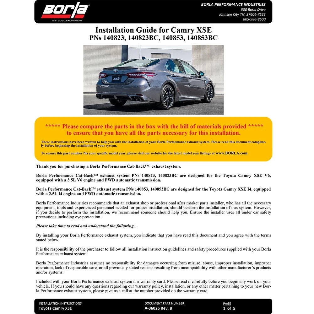 Borla 18-22 Toyota Camry XSE 2.5L I4 AT/MT FWD / 4DR S-Type Cat-Back | Toyota Camry (18-22) (BC140853BC)
