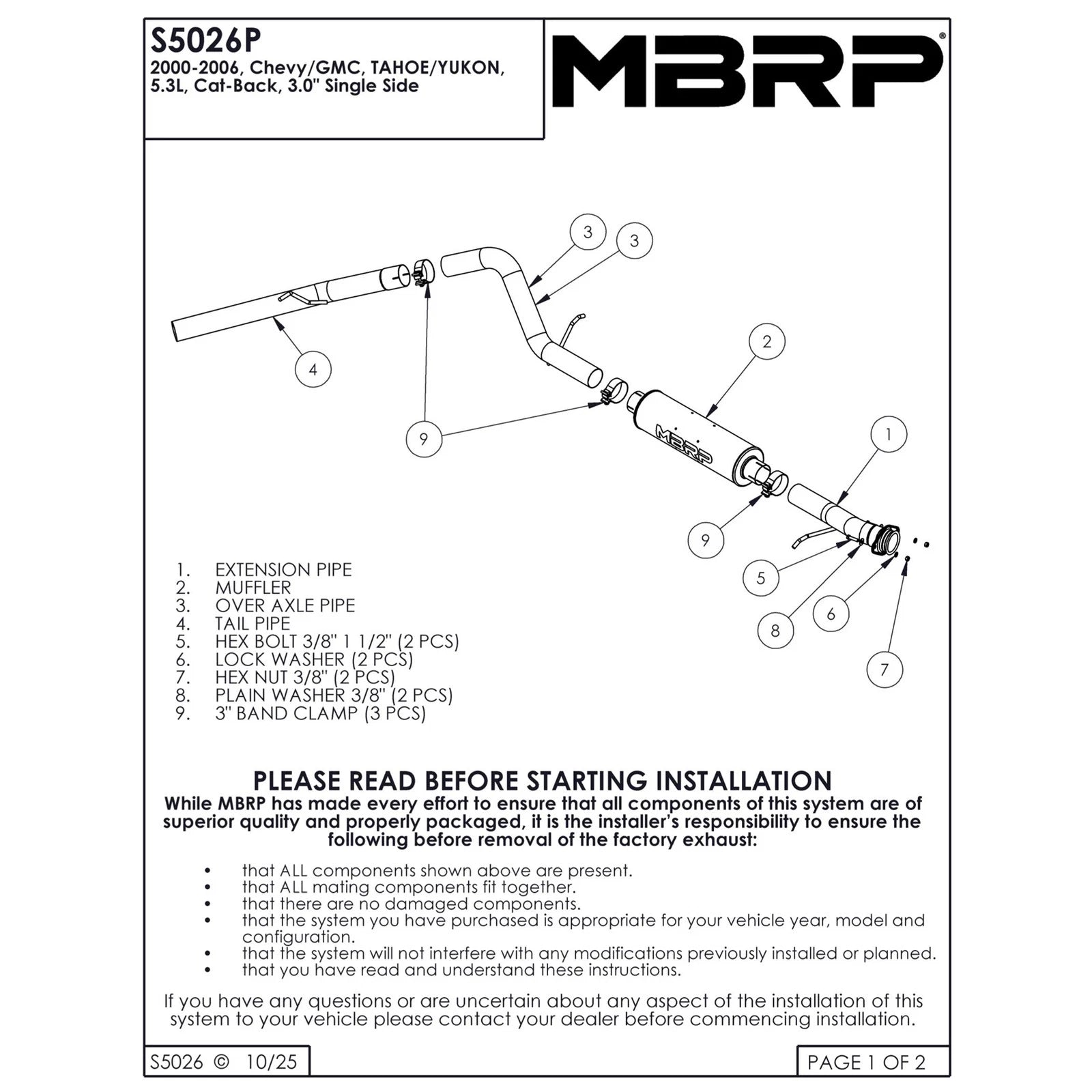 MBRP 3in. Cat-Back Single Side AL P Series Exhaust | Chevrolet/GMC Tahoe/Yukon 5.3L (00-06) (S5026P)