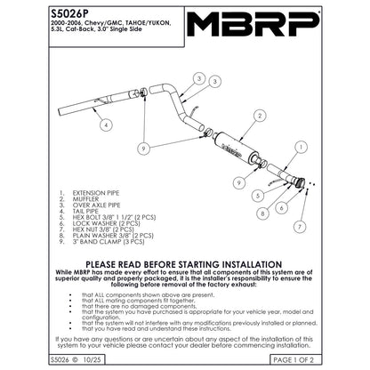 MBRP 3in. Cat-Back Single Side AL P Series Exhaust | Chevrolet/GMC Tahoe/Yukon 5.3L (00-06) (S5026P)