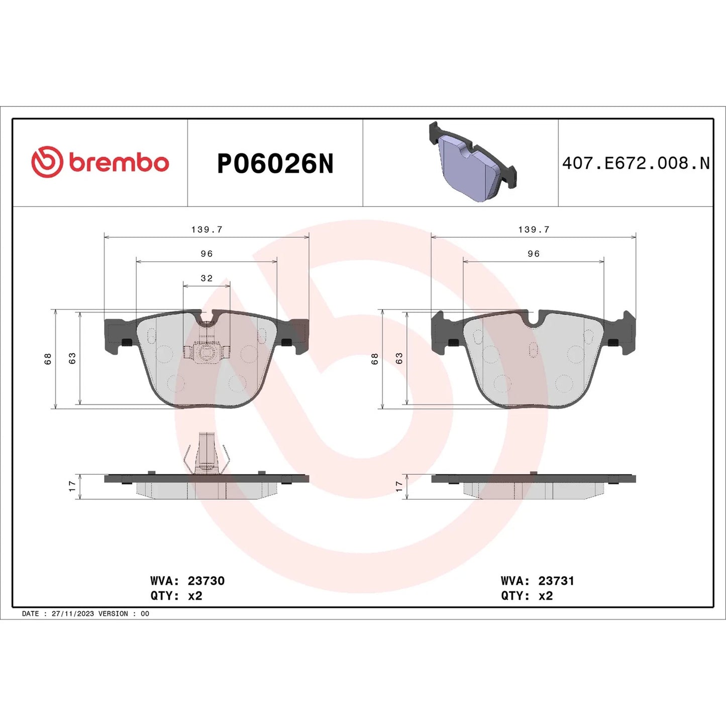 Brembo OE Premium NAO Ceramic Rear Brake Pads | BMW 1 Series M / M3 / M5 / M6 (11-18) (P06026N)