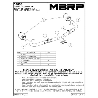 MBRP 2.5" Dual Exit Axle-Back Exhaust System | 2022-2024 Subaru BRZ/Toyota GR86 (S48053CF/BE)