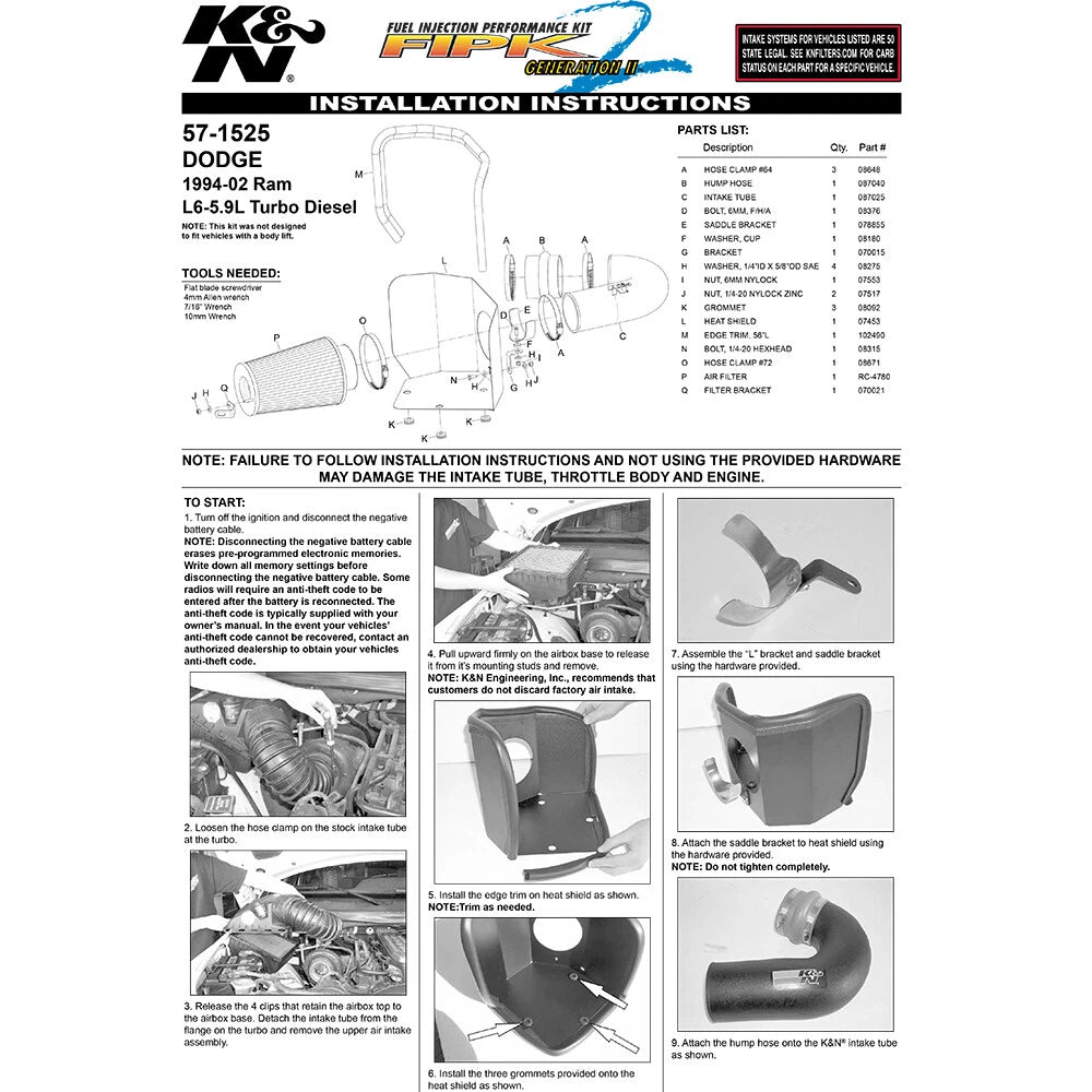K&N Performance Intake Kit | Dodge Ram L6-5.9L Turbo DSL (94-02) (57-1525)