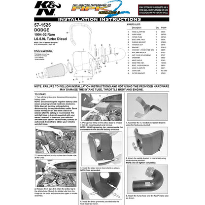 K&N Performance Intake Kit | Dodge Ram L6-5.9L Turbo DSL (94-02) (57-1525)