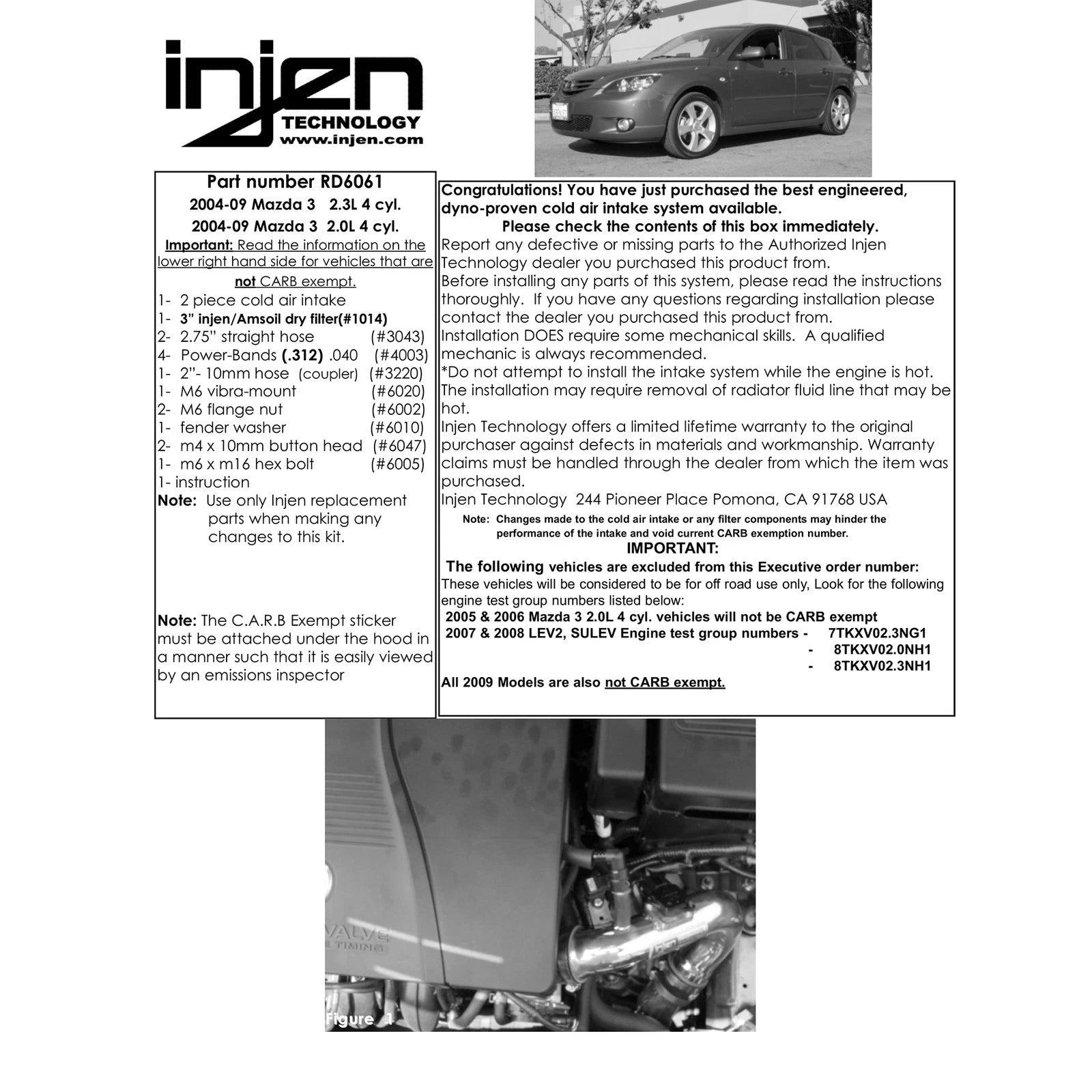 Injen Black CAI System | Mazda 3 04-09 2.0/2.3L (Carb 04 only) (RD6061BLK)