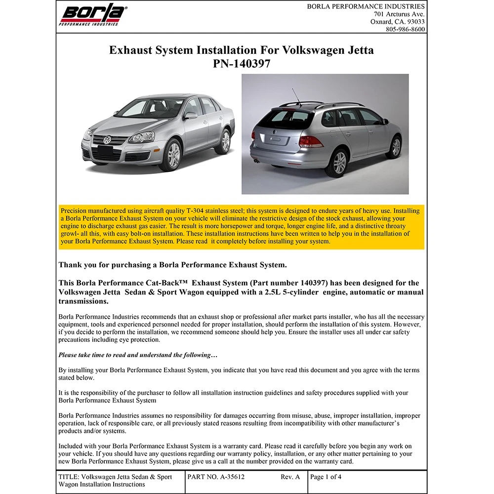 Borla Cat-Back Exhaust System - S-Type | 2006-2010 Volkswagen Jetta 2.5L (140397)
