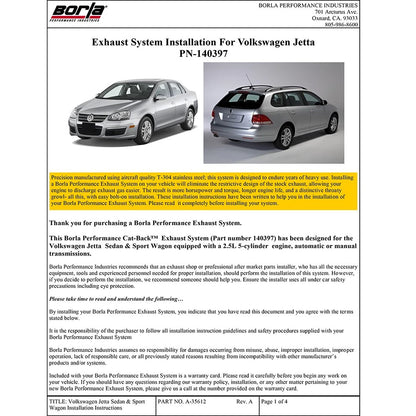 Borla Cat-Back Exhaust System - S-Type | 2006-2010 Volkswagen Jetta 2.5L (140397)