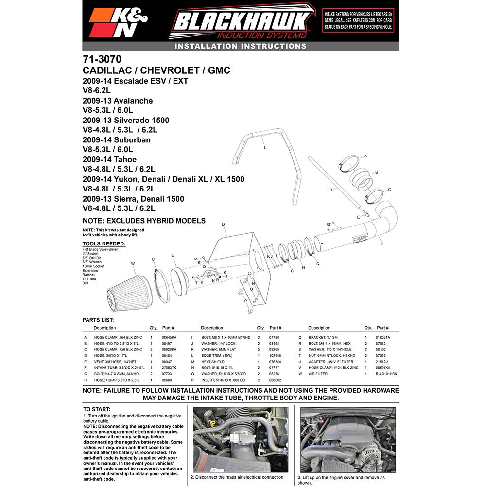 K&N Black Perf Intake Kit | Chevy Silverado 1500 / Avalanche / Suburban / GMC Yukon (71-3070)