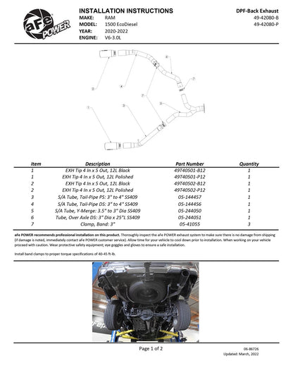 aFe Large Bore HD 3in 409SS DPF-Back Exhaust w/ Polished Tip | RAM 1500 V6-3.0 (20-21) (49-42080-P)