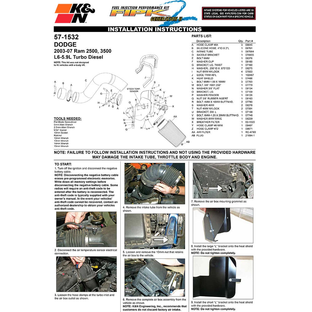 K&N Engineering Performance Intake Kit: Dodge Ram 2500 / Ram 3500 2003 - 2007 L6-5.9L