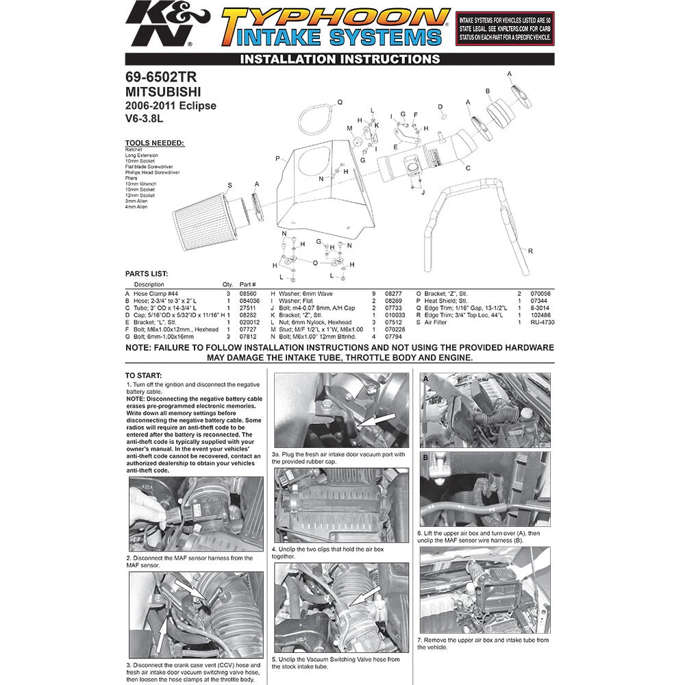 K&N Engineering Red Typhoon Short Ram Intake 3.8L V6 06 Eclipse GT