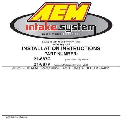 AEM Silver Cold Air Intake | 2010 Hyundai Genesis Coupe 2.0L L4 (21-687C)