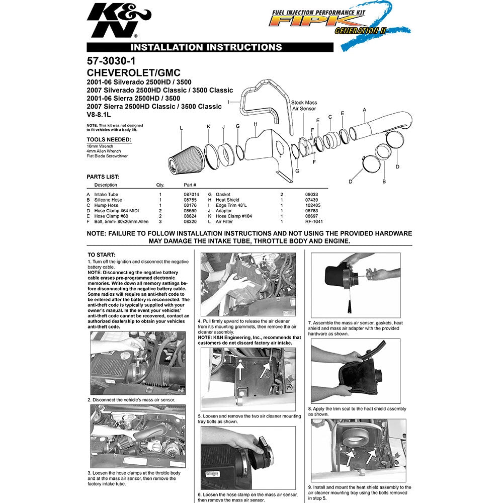 K&N 01-04 Chevy/GMC PickUp HD V8-8.1L Performance Intake Kit | Chevrolet Silverado / GMC Sierra (01-04)