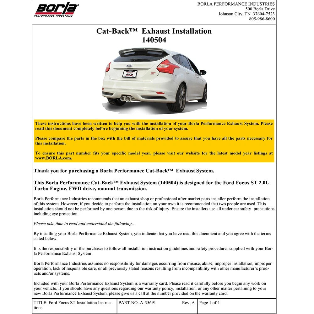 Borla Cat-Back Exhaust System - S-Type | 2013-2018 Ford Focus ST 2.0L (140504)