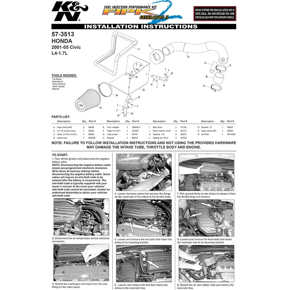 K&N Performance Intake Kit | 2001-2005 Honda Civic (57-3513)