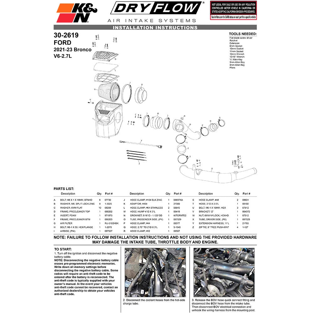 K&N Performance Dryflow Air Intake System | Ford Bronco (21-23) (30-2619)