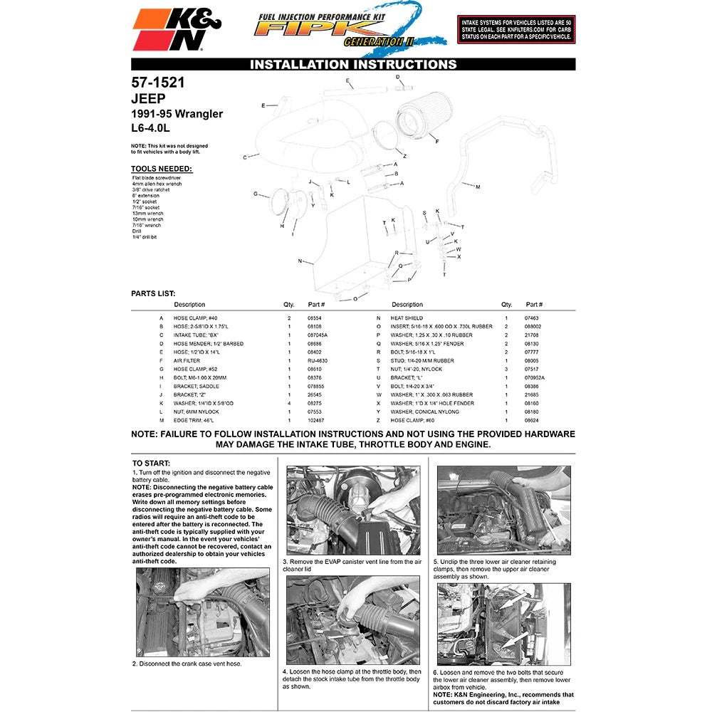 K&N Engineering Performance Intake Kit: Jeep Wrangler L6-4.0L 1991 - 1995