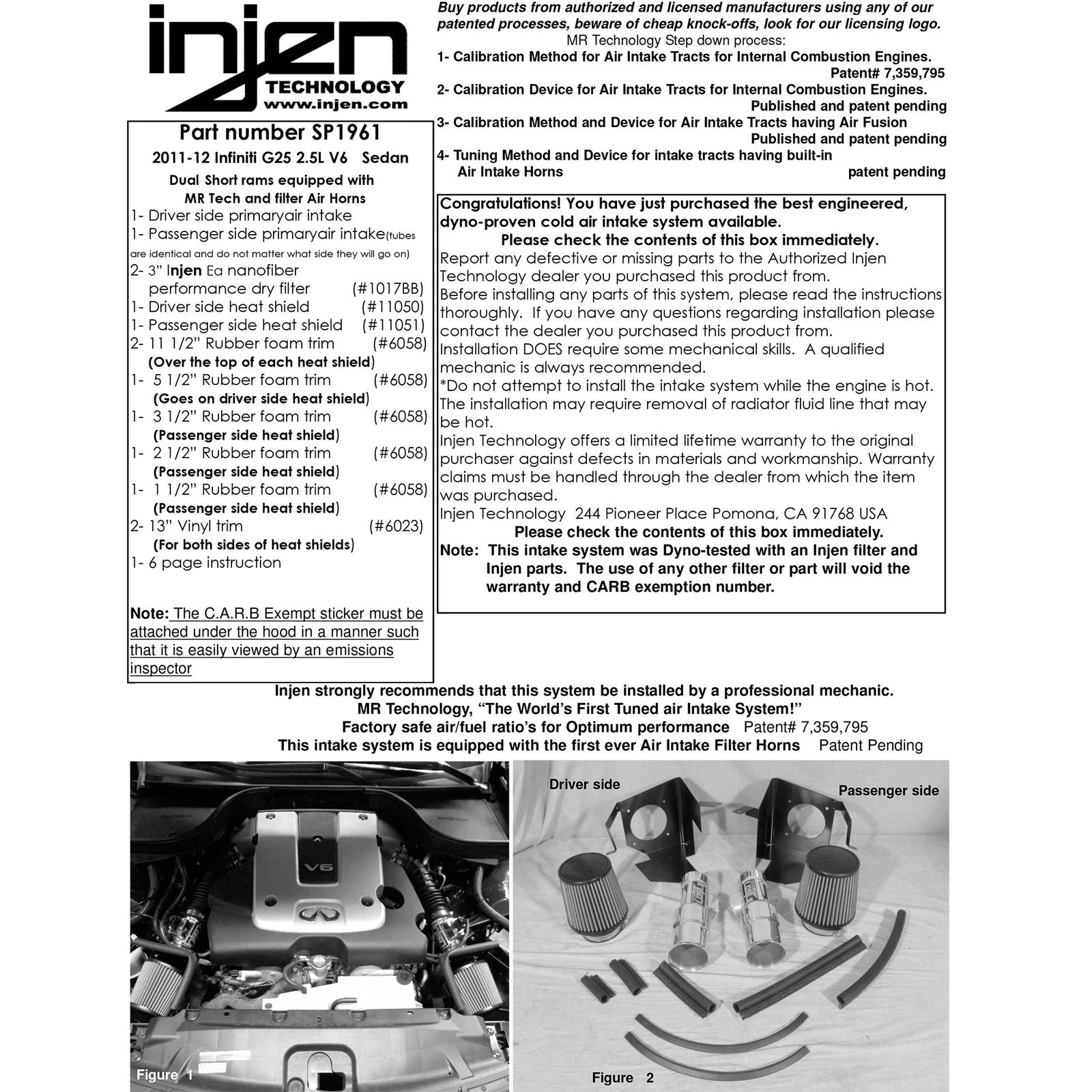 Injen SP Short Ram Cold Air Intake System | 2011 - 2012 Infiniti G25  (SP1961BLK)