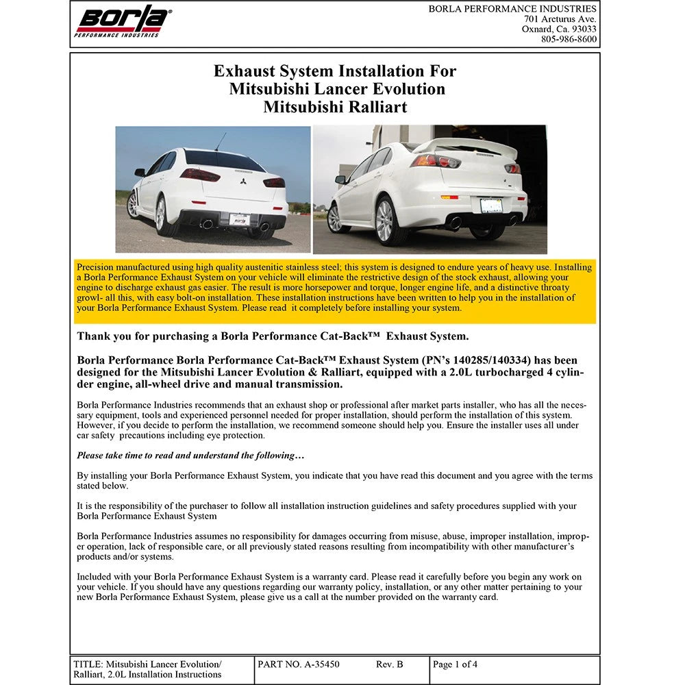 Borla S-Type Cat Back Exhaust System | 2009-2015 Mitsubishi Lancer Ralliart (140334)
