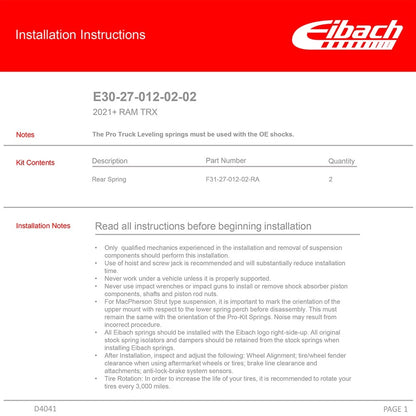 Eibach Pro-Kit Rear Lift Springs for 2021-2023 Ram TRX 6.2L Supercharged Crew Cab 4WD