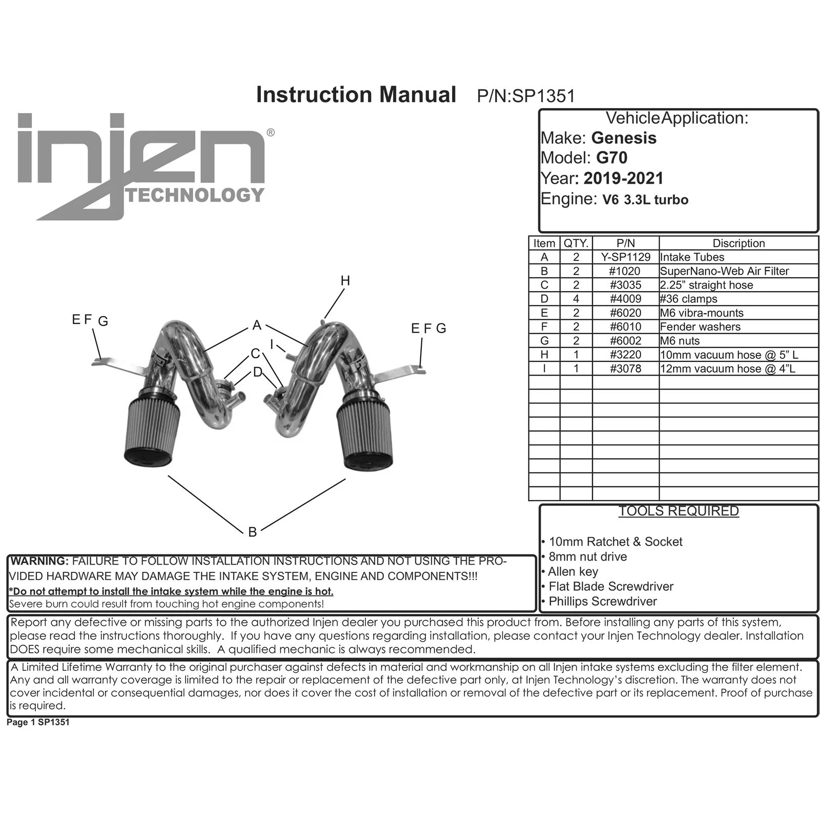 Injen G70 V6-3.3L Twin Turbo Short Ram Air Intake System | Genesis G70 (17-24) / Kia Stinger (17-24) (SP1351WB)