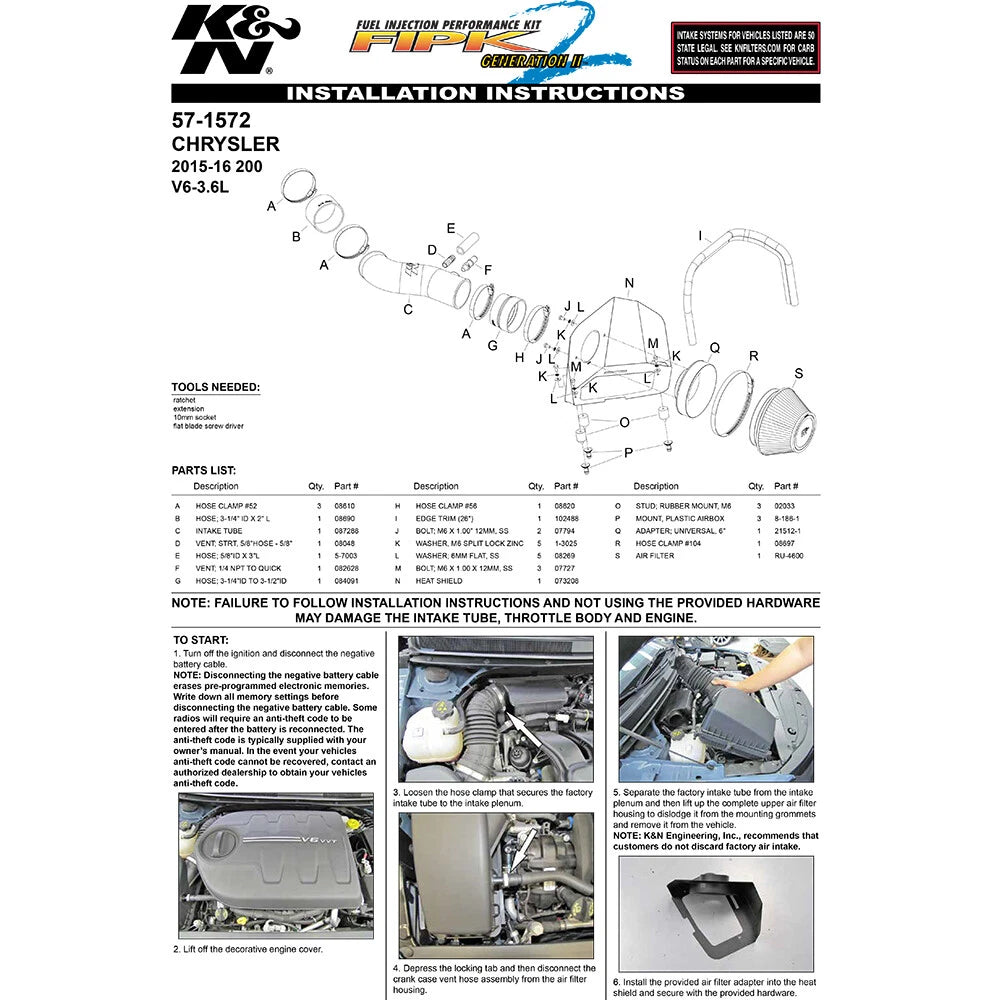 K&N Performance Intake Kit | Chrysler 200 3.6L V6 (15-16) (57-1572)
