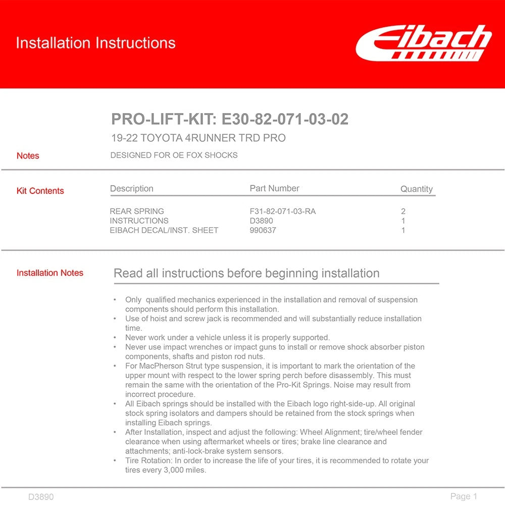 Eibach Suspension Lift Kit for 2019-2020 Toyota 4Runner