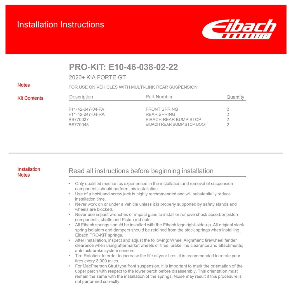 Eibach Pro-Kit Lowering Springs for 2020-2023 Kia Forte 1.6L Turbo Sedan FWD BD
