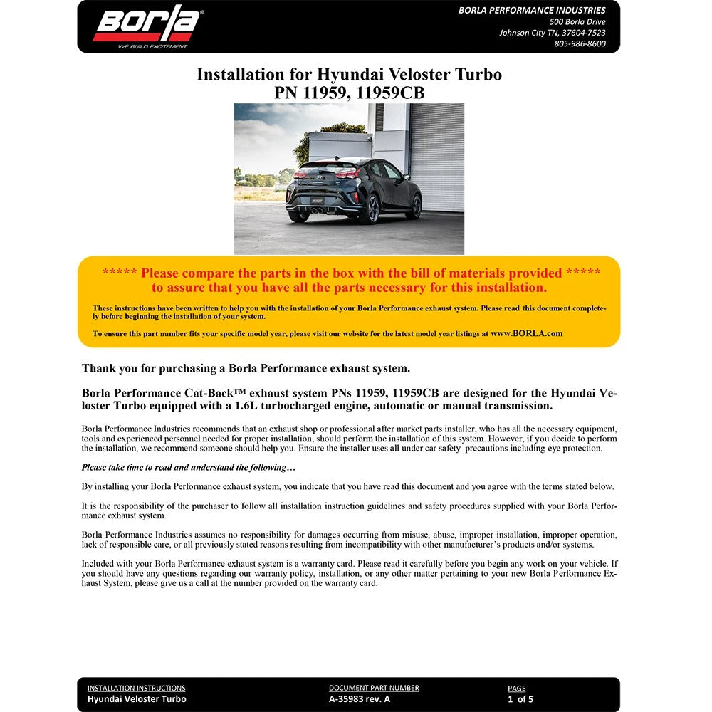Borla Axle-Back Exhaust System - S-Type | 2019-2021 Hyundai Veloster 1.6L Turbocharged (11959)
