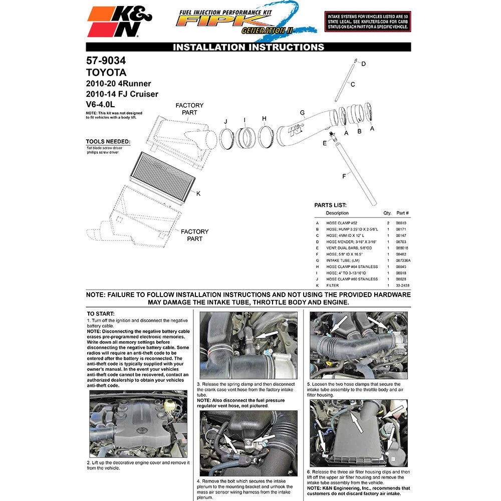 K&N 15-19 Toyota 4Runner V6-4.0L Performance Air Intake Kit | Toyota 4Runner (15-19) (57-9034)