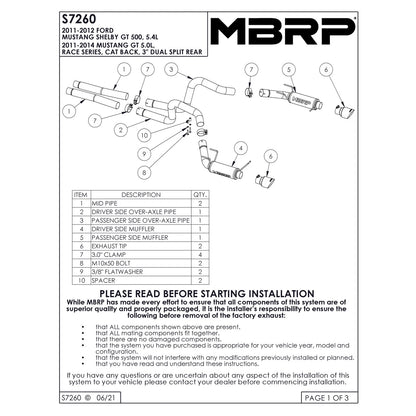 MBRP T304 3in Cat-Back Dual Split Rear Exit Race Exhaust | Ford Shelby GT500 (11-12) (S7260304)