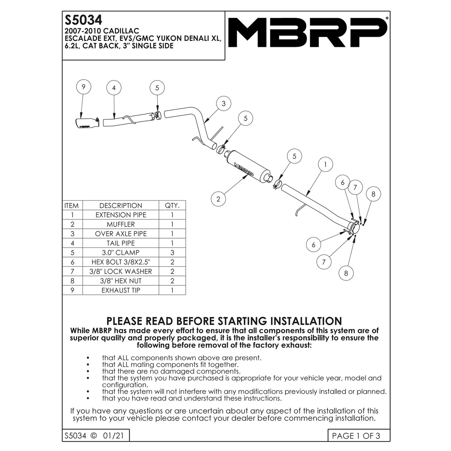 MBRP 3in Cat-Back Single Side Exhaust | Cadillac Escalade EXT/ESV / GMC Yukon XL (07-10) (S5034AL)